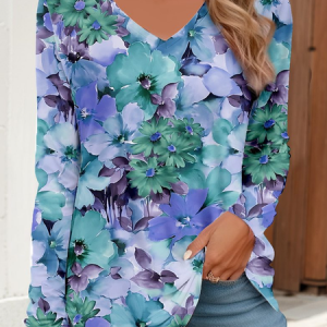Casual Floral V Neck Long Sleeve T-shirt, Blouses, color:Blue|size:5XL, catalog Noracora shop