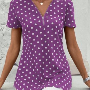 V Neck Short Sleeve Polka Dots Zipper Regular Micro-Elasticity Regular Fit Shirt For Women, Blouses, color:Purple|size:XXL, catalog Noracora shop