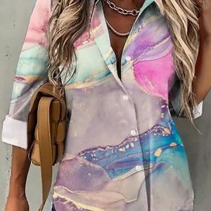 Shirt Collar Long Sleeve Random Print Regular Loose Shirt For Women, Shirts, color:Color1|size:3XL, catalog Noracora shop