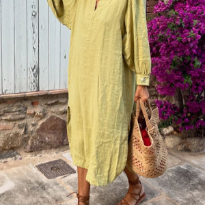Women Plain V Neck Long Sleeve Comfy Casual Maxi Dress, Dresses, color:Yellow|size:XL, catalog Noracora shop