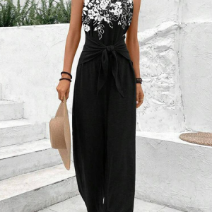 Women Sleeveless V Neck Loose Long Knot Front Daily Casual Floral Natural Tank Jumpsuit, Jumpsuits&Rompers, color:Black|size:XXL, catalog Noracora shop