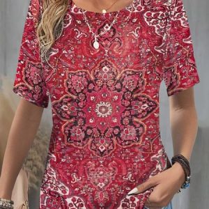 Casual Ethnic Crew Neck Short Sleeve T-shirt, Blouses, color:Red|size:XXL, catalog Noracora shop