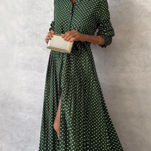 Women Polka Dots Shirt Collar Long Sleeve Comfy Elegant Maxi Dress, Dresses, color:Green|size:XXL, catalog Noracora shop