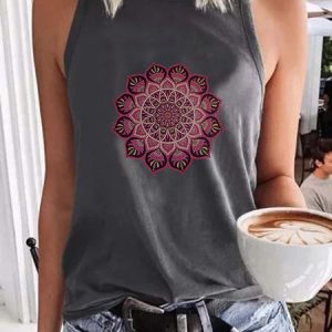 Printed Sleeveless Crew Neck Casual Top, Tanks & Camis, color:Gray|size:3XL, catalog Noracora shop
