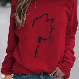 Casual Crew Neck Cat Sweatshirt, Hoodies & Sweatshirts, color:Wine Red|size:5XL, catalog Noracora shop