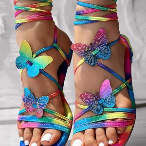 Butterfly Pattern Rainbow Ombre Strappy Flat Sandals, Flats-Sandals, ChicMe catalog