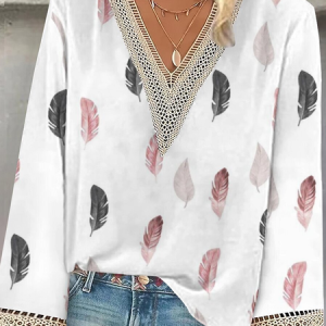 V Neck Three Quarter Sleeve Floral Regular Regular Fit Blouse For Women, Blouses, color:Gray|size:3XL, catalog Noracora shop