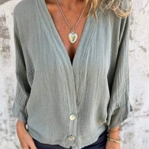 V Neck Long Sleeve Plain Buckle Regular Loose Blouse For Women, Blouses, color:Green|size:3XL, catalog Noracora shop