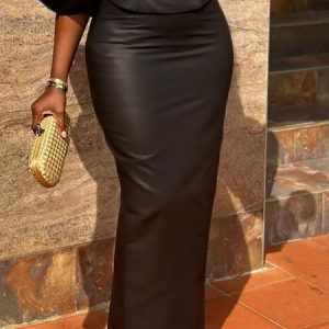 Regular Fit Pu Urban Faux Leather Skirt, Skirts, color:Black|size:XXL, Stylewe