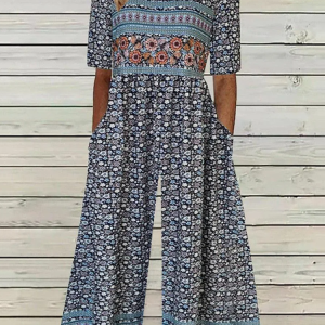 Women Short Sleeve Crew Neck Loose Ankle Pants Daily Casual Small Floral Natural Jumpsuit, Jumpsuits&Rompers, color:Multicolor|size:XXL, catalog Noracora shop