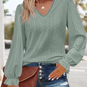 Casual Plain V Neck Long Sleeve T-shirt, Blouses, color:Dark Green|size:XXL, catalog Noracora shop