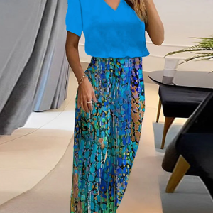 Women Abstract V Neck Short Sleeve Comfy Casual Top With Pants Two-Piece Set, Sets, color:Blue|size:XXL, catalog Noracora shop
