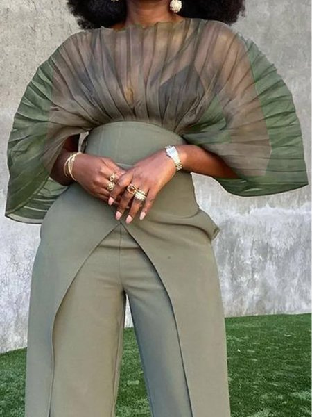 Urban Crew Neck Loose Plain Pleated Shirt, Blouses and Shirts, color:As Picture|size:XXL, Stylewe