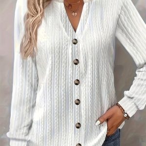Notched Long Sleeve Plain Lace Regular Loose Blouse For Women, Blouses, color:White|size:5XL, catalog Noracora shop