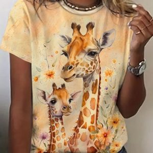 Casual Deer Crew Neck Short Sleeve T-shirt, T-shirts, color:Yellow|size:XXL, catalog Noracora shop