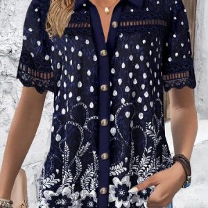 Shirt Collar Short Sleeve Floral Lace Regular Loose Blouse For Women, Shirts, color:Dark Blue|size:XXL, catalog Noracora shop