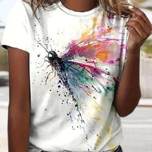 Casual Dragonfly Crew Neck Short Sleeve T-shirt, T-shirts, color:White|size:XXL, catalog Noracora shop
