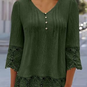 V Neck Three Quarter Sleeve Plain Lace Regular Loose Blouse For Women, Blouses, color:darkgreen|size:3XL, catalog Noracora shop