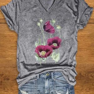Women's Floral Short Sleeve Tee T-shirt V Neck Casual Summer Top, JustFashionNow T-Shirts, color:Gray|size:XXL,