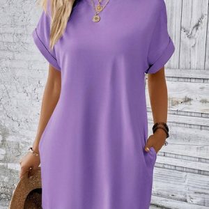 Women Plain Crew Neck Short Sleeve Comfy Casual Short Dress, Dresses, color:Purple|size:XXL, catalog Noracora shop