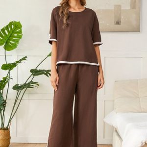Women Contrast Stitching Crew Neck Short Sleeve Comfy Casual Top With Pants Two-Piece Set, Sets, color:Brown|size:3XL, catalog Noracora shop