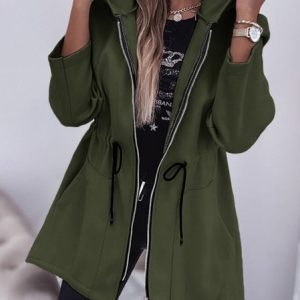 Women's Plain Zipper Regular Loose Jacket, Jackets, color:Army Green|size:XXL, catalog Noracora shop