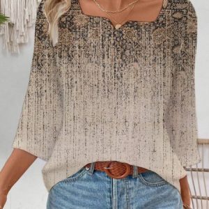 Casual Ethnic Notched Three Quarter Sleeve T-shirt, Blouses, color:Khaki|size:XXL, catalog Noracora shop