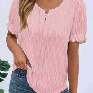 Notched Short Sleeve Plain Regular Loose Blouse For Women, Blouses, color:Pink|size:XXL, catalog Noracora shop