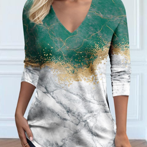 Casual Abstract V Neck Long Sleeve T-shirt, T-shirts, color:Green|size:5XL, catalog Noracora shop