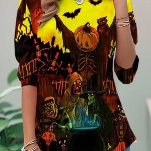 Casual Halloween Crew Neck Long Sleeve T-shirt, T-shirts, color:Multicolor|size:XXL, catalog Noracora shop