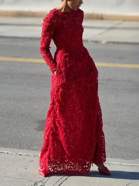 Plain Regulat Fit Elegant Crew Neck Maxi Dress, Maxi Dresses, color:Red|size:XXL, Stylewe