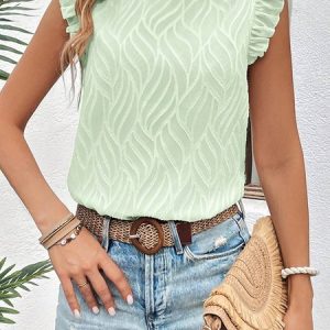 Lotus Leaf Collar Sleeveless Plain Regular Regular Fit Shirt For Women, Blouses, color:Lightgreen|size:XXL, catalog Noracora shop
