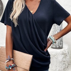 Casual Plain V Neck Short Sleeve T-shirt, Blouses, color:Navy Blue|size:XXL, catalog Noracora shop