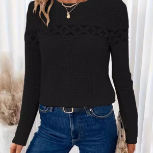 Crew Neck Long Sleeve Plain Lace Regular Micro-Elasticity Loose Blouse For Women, Blouses, color:Black|size:XXL, catalog Noracora shop