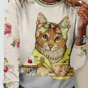 Casual Floral Crew Neck Long Sleeve T-shirt, T-shirts, color:Khaki|size:5XL, catalog Noracora shop