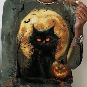 Casual Halloween Crew Neck Long Sleeve T-shirt, T-shirts, color:Dark Green|size:XXL, catalog Noracora shop