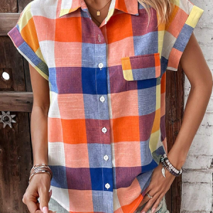 Shirt Collar Short Sleeve Plaid Regular Loose Blouse For Women, Shirts, color:Multicolor|size:XXL, catalog Noracora shop