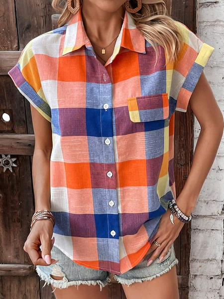 Women's Short Sleeve Shirt Summer Plaid Cotton Shirt Collar Daily Going Out Casual Top, JustFashionNow Blouses, color:Multicolor|size:XXL,