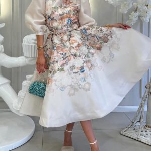Floral Elegant Regular Fit Midi Dress With Belt, Maxi Dresses, color:As Picture|size:XXL, Stylewe
