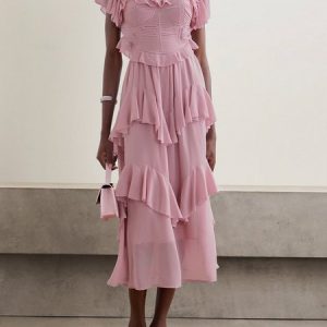 Women Plain Square Neck Short Sleeve Comfy Vacation Maxi Dress, Dresses, color:Dusty Pink|size:XL, catalog Noracora shop