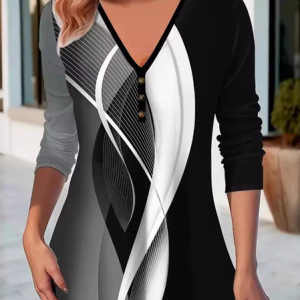Casual Geometric V Neck Long Sleeve T-shirt, T-shirts, color:Black|size:3XL, catalog Noracora shop