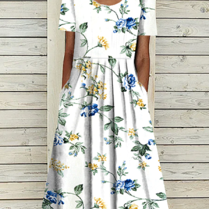 Pockets Casual Short Sleeve Woven Dress, Midi, color:White|size:XXL, catalog Noracora shop