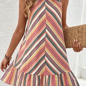 Women Striped Halter Sleeveless Comfy Casual Short Dress, Dresses, color:Red|size:XL, catalog Noracora shop