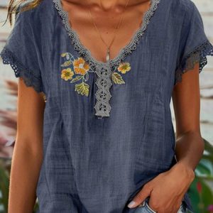 V Neck Short Sleeve Floral Embroidery Regular Loose Shirt For Women, Blouses, color:Dark Blue|size:XXL, catalog Noracora shop