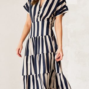 Women Striped Shirt Collar Short Sleeve Comfy Casual Split Joint Midi Dress, Dresses, color:As Picture|size:XL, catalog Noracora shop