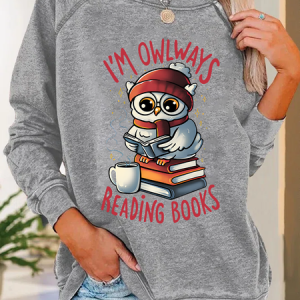 Owlways Reading Books Text Letters Casual Crew Neck Sweatshirt, Hoodies&Sweatshirts, Lilicloth.com