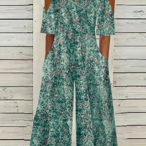 Women Short Sleeve V Neck Loose Long Daily Vacation Small Floral Natural Jumpsuit, Jumpsuits&Rompers, color:Green|size:XXL, catalog Noracora shop