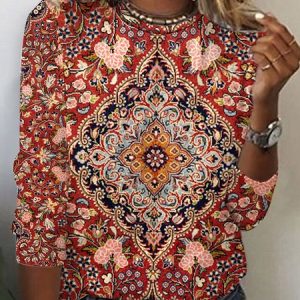 Vintage Ethnic Crew Neck Long Sleeve T-shirt, Blouses, color:Wine Red|size:XXL, catalog Noracora shop