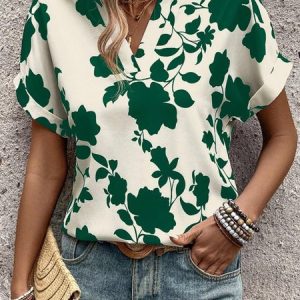 V Neck Short Sleeve Floral Regular Micro-Elasticity Loose Blouse For Women, Blouses, color:Green|size:XXL, catalog Noracora shop