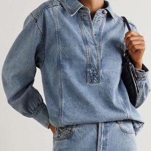 Casual Plain Loose Shirt Collar Denim Shirt, Blouses and Shirts, color:Blue|size:XXL, Stylewe